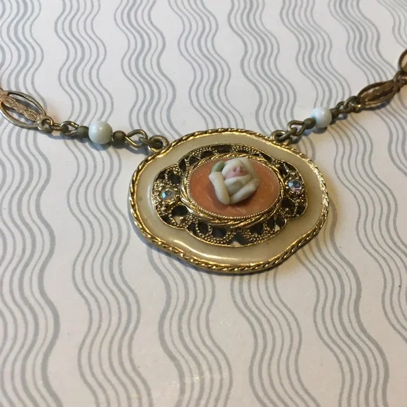 Vintage 1928 Brand Rose Enamel and Porcelain Necklace plus Earrings - Picture 11 of 17